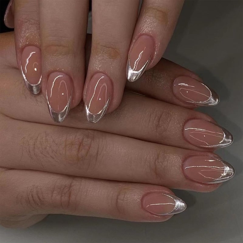 CTTHNBD Almond Press on Nails Short Fake Nails Silver French Tip with Glossy Design Full Cover Stick on Acrylic False Nails for Women Manicure 24Pcs - Image 1